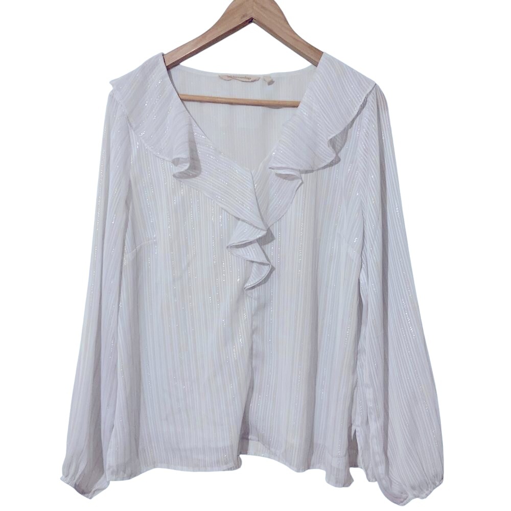 Soft Surroundings White Ruffled V-Neck Long-Sleeve Blouse - Picture 2 of 13